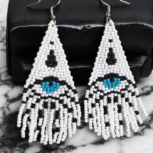 Evil Eye Seed Bead Fringe Earrings: Boho Dangle Earrings Handcrafted White Blue - Picture 6 of 17